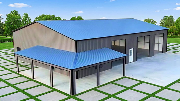 Tan and blue steel barndominium with attached covered patio and large garage doors